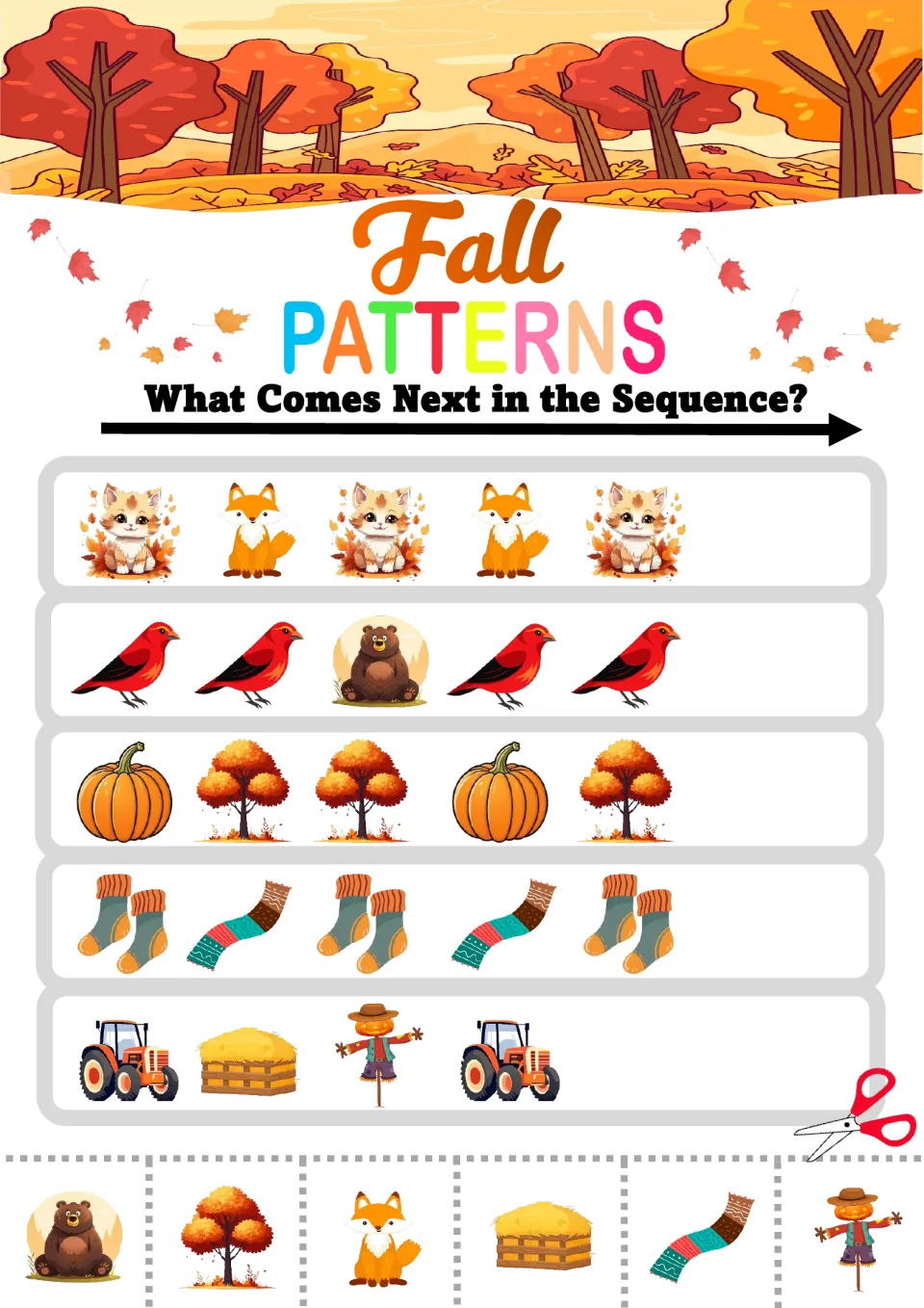 Fall pattern review: students finish kitten-fox, bird-bird-bear, pumpkin-tree-tree and tractor-hay-scarecrow