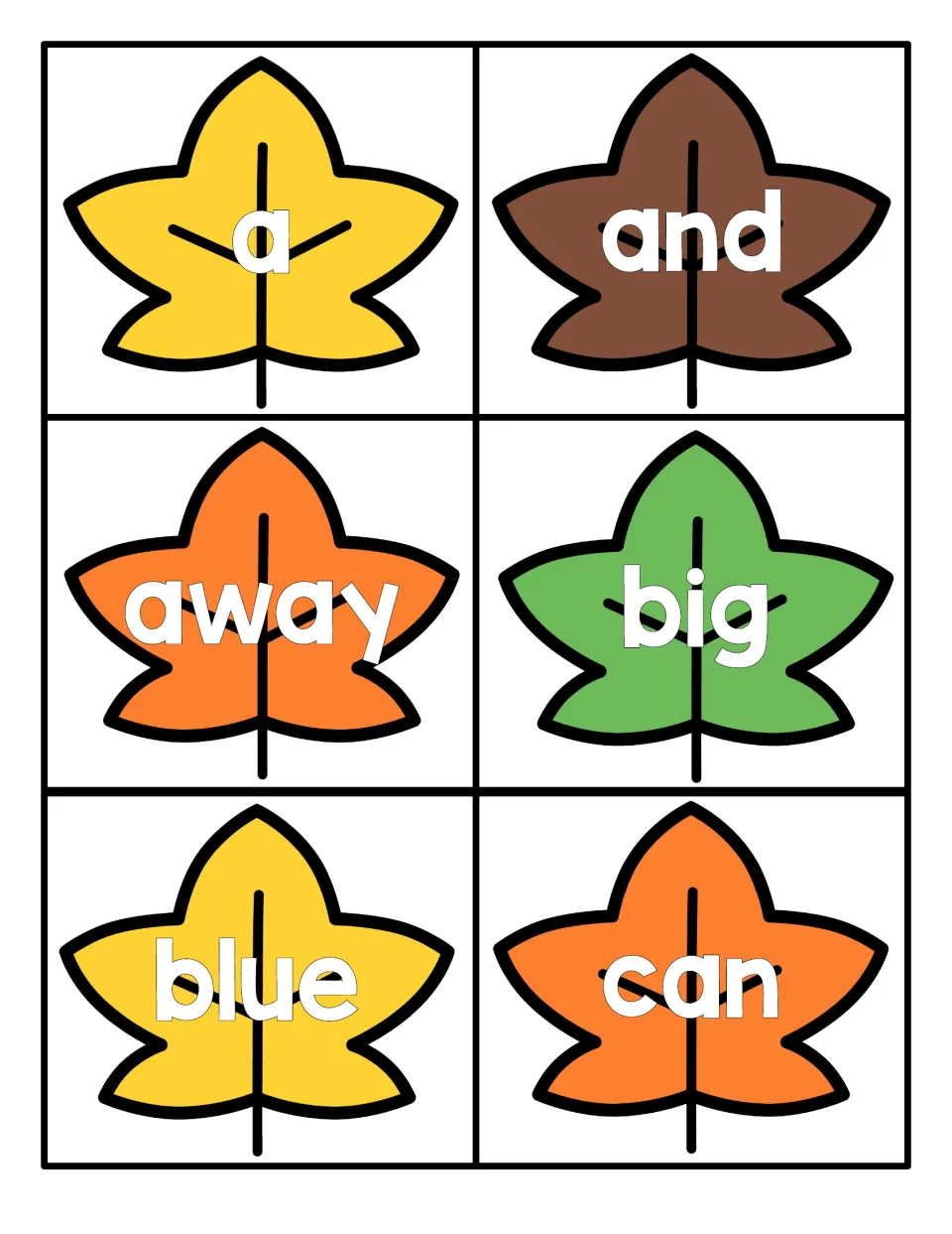 Fall sight word cards: six colored maple leaves printed with a, and, away, big, blue and can for word recognition practice