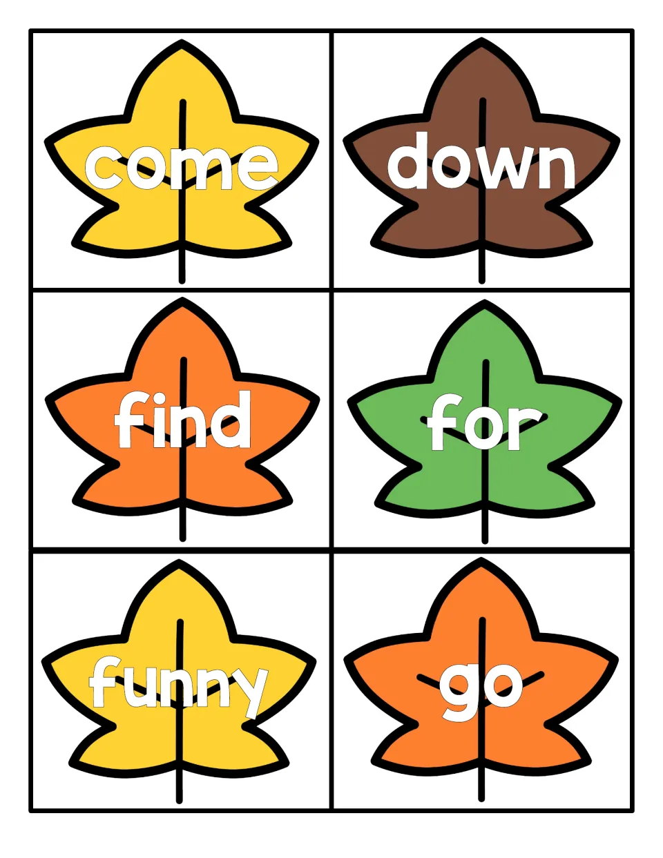 Leaf flashcards for sight word reading: come, down, find, for, funny and go on yellow, brown, orange and green leaves