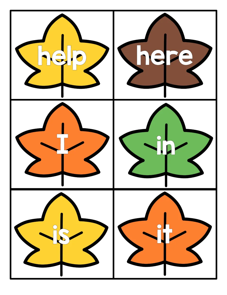 Autumn leaf cards for reading high-frequency words help, here, I, in, is and it, one word printed on each leaf