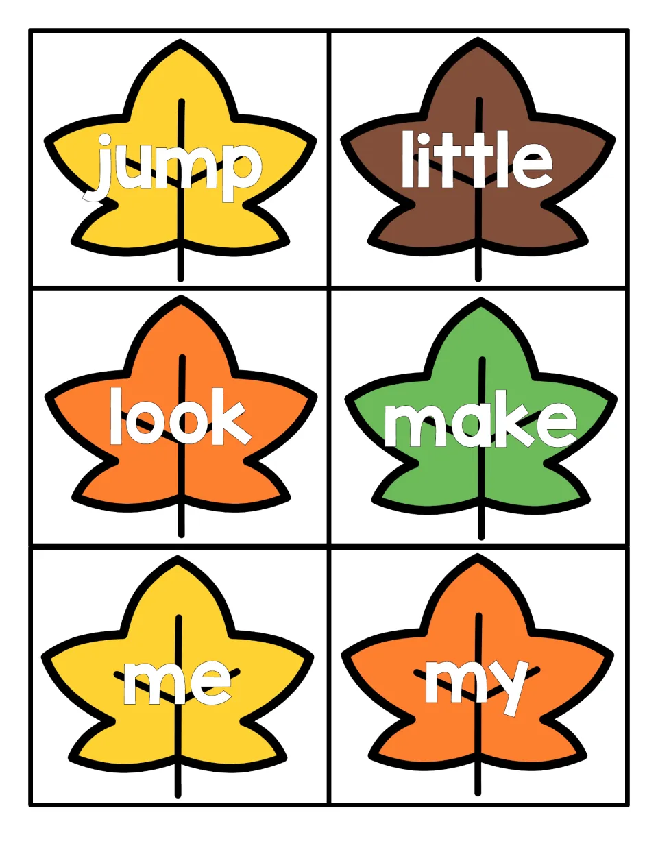 Sight word leaves for reading jump, little, look, make, me and my, each word in white letters on a fall-colored leaf