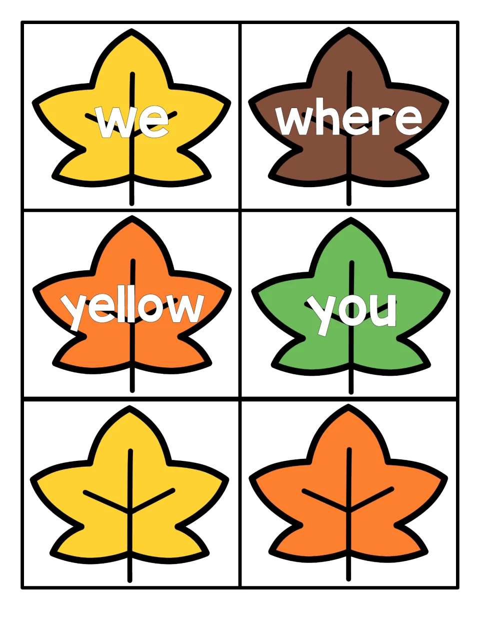 Last set of leaf sight word cards: we, where, yellow and you, plus two blank yellow and orange leaves with no word