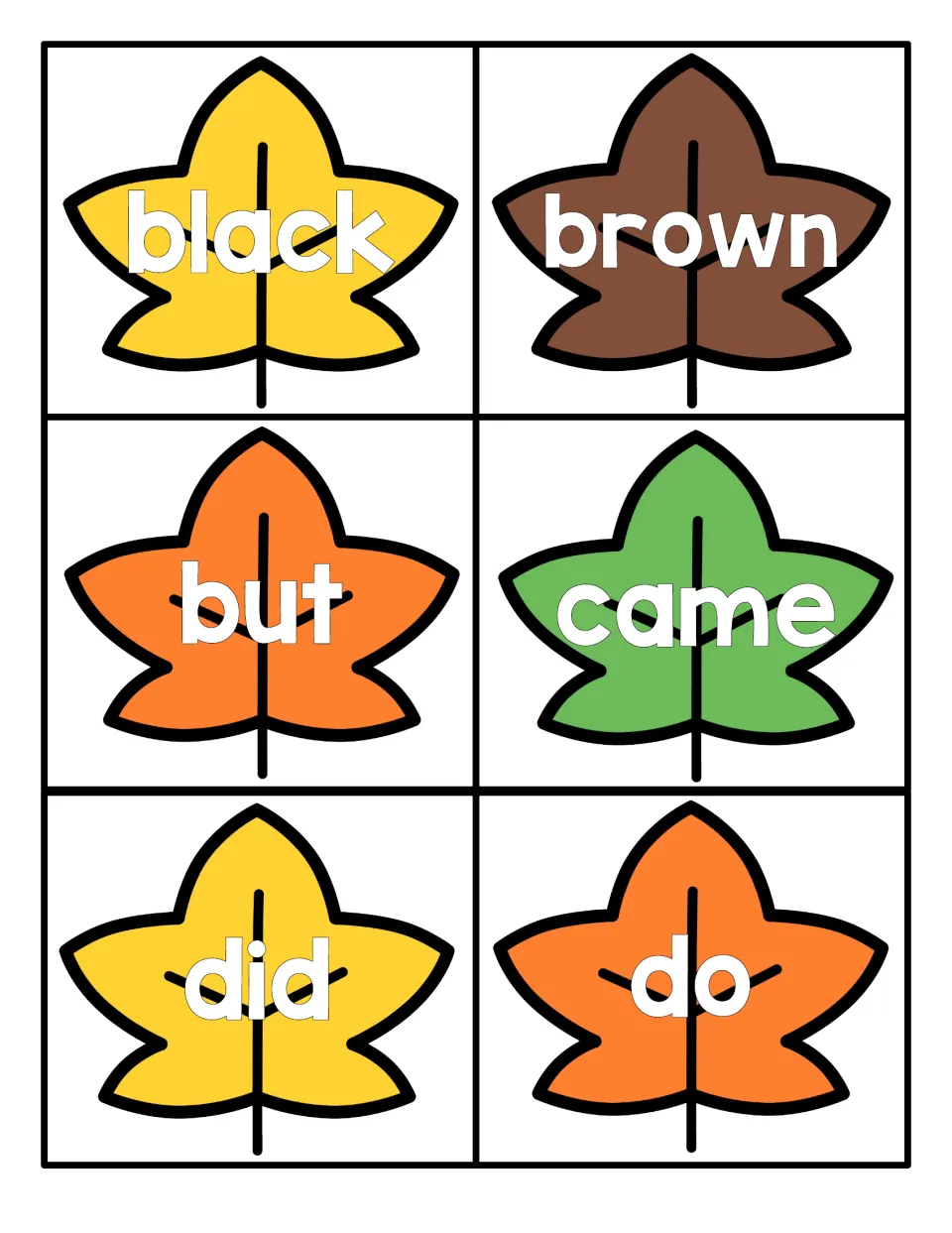 Color words black and brown plus but, came, did and do on yellow, brown, orange and green leaf cards for word reading