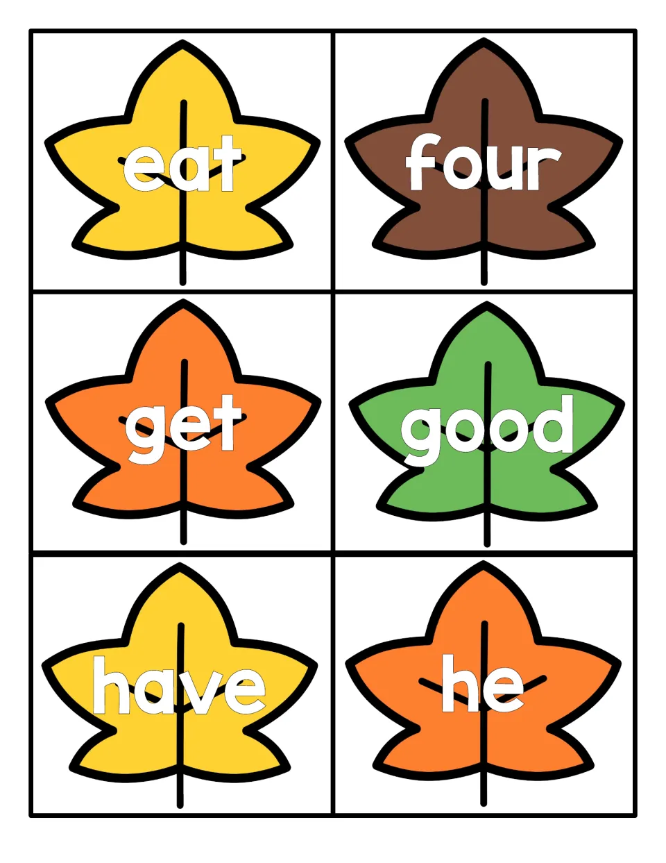 Leaf flashcards for eat, four, get, good, have and he: students read each white word printed on a colored fall leaf