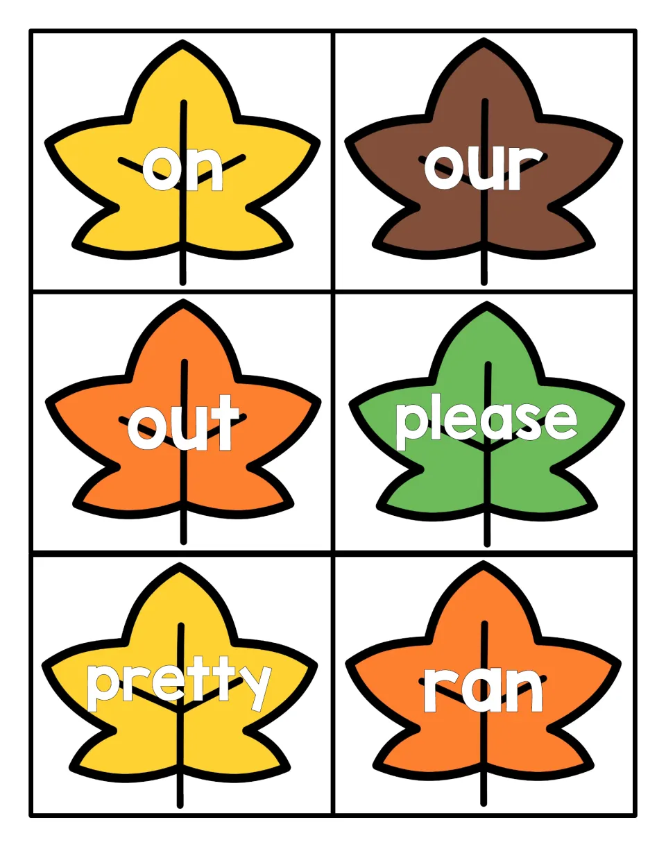 Primer words on, our, out, please, pretty and ran on autumn leaf cards for quick word recognition drills and games