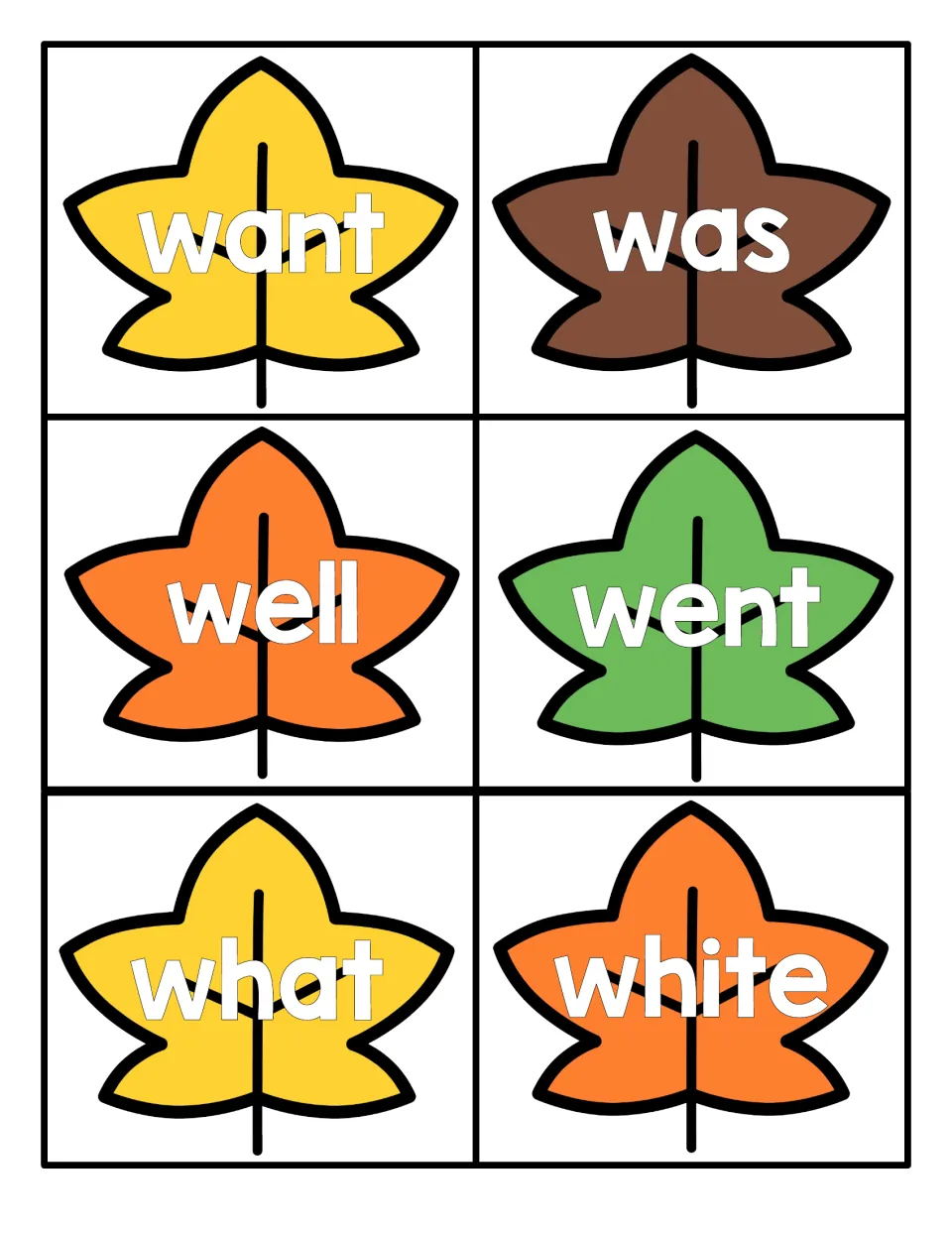 W-word leaf cards for want, was, well, went, what and white, read aloud by students to build fast word recognition