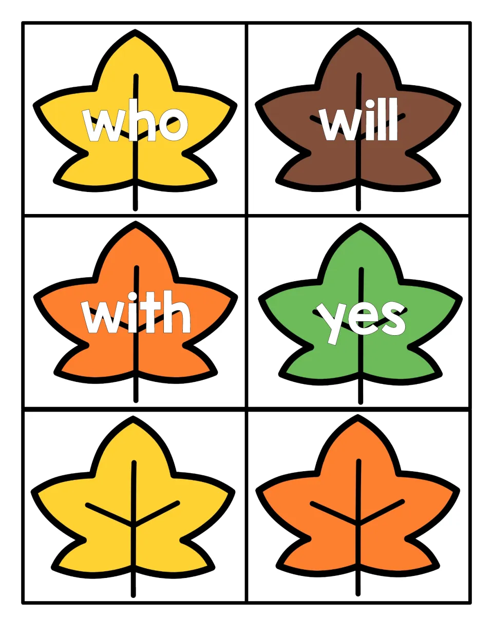 Final word cards who, will, with and yes on fall leaves for students to read, plus two blank leaf cards with no word
