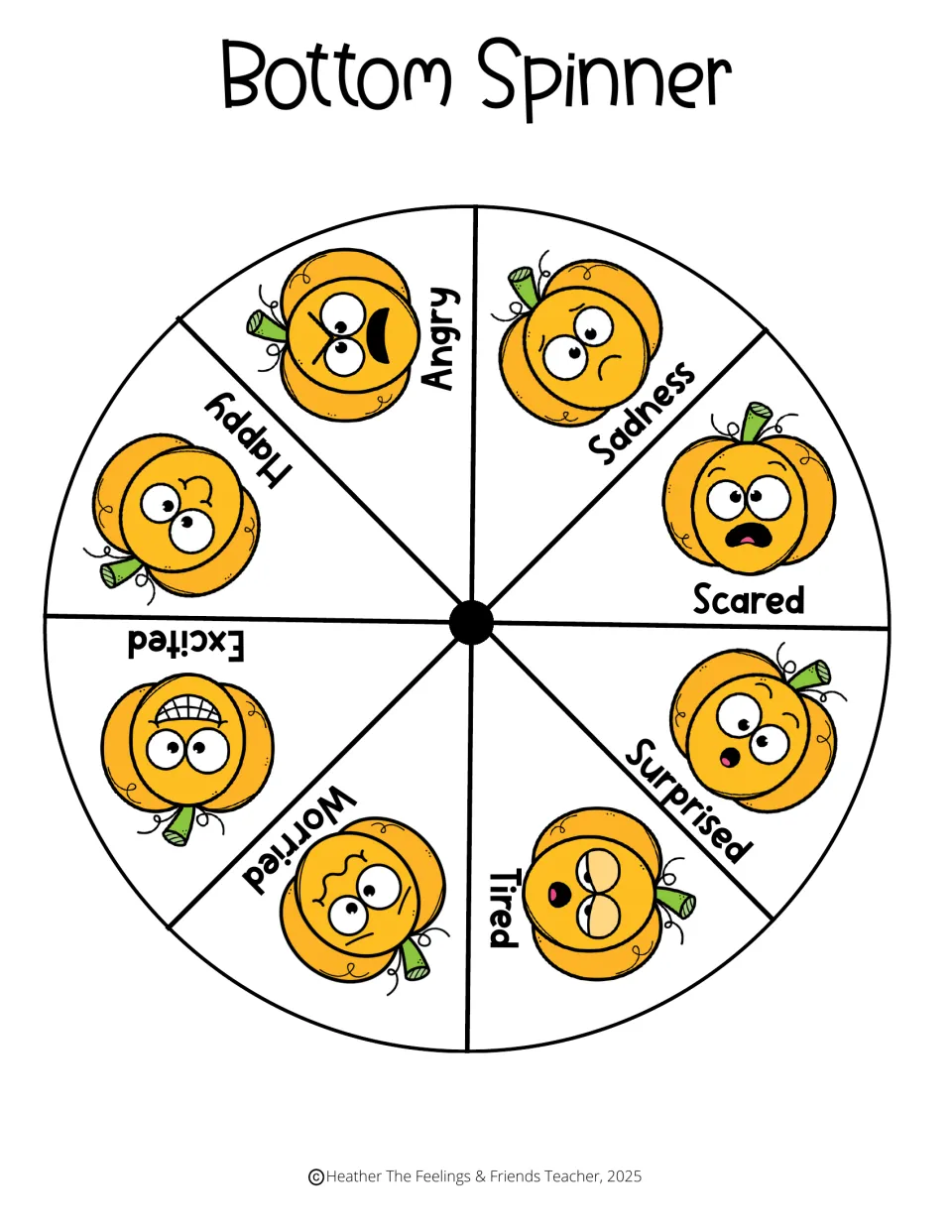 Color spinner base cut-out piece: 8 pumpkin faces naming feelings such as angry, happy, worried, tired and surprised