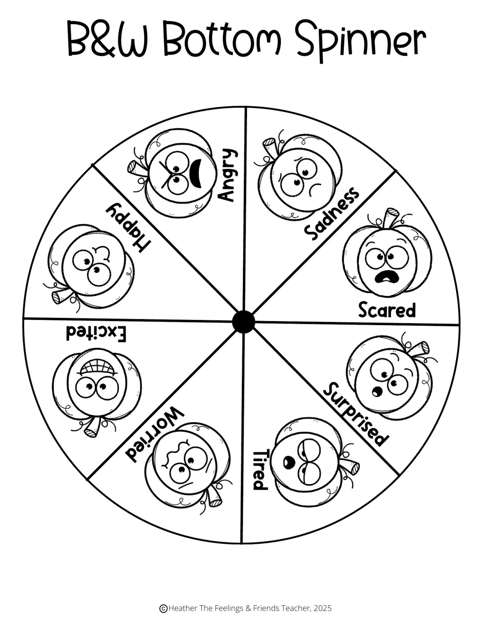 Black-and-white spinner base cut-out piece: 8 outlined pumpkin emotion faces, such as scared and excited, to color
