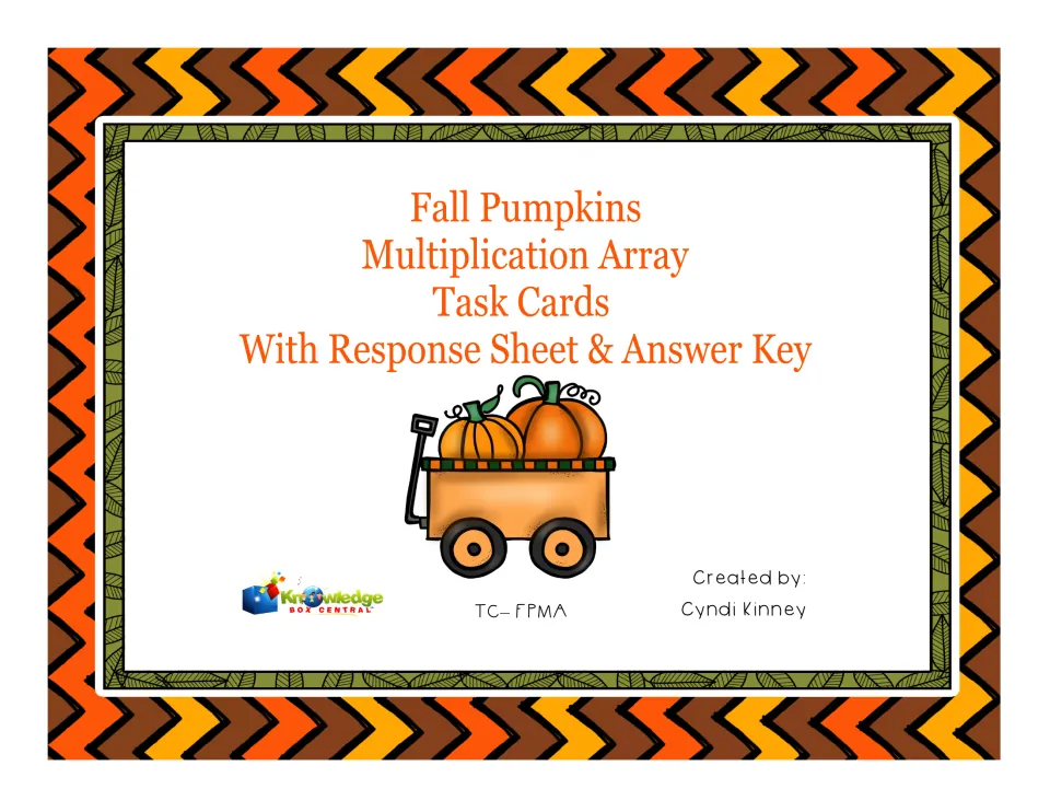 Cover: Fall Pumpkins Multiplication Array Task Cards with response sheet and answer key, pumpkins in an orange wagon