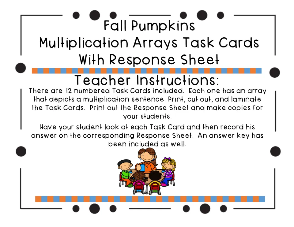 Teacher instructions: print, cut and laminate 12 numbered array cards, then copy the response sheet for each student