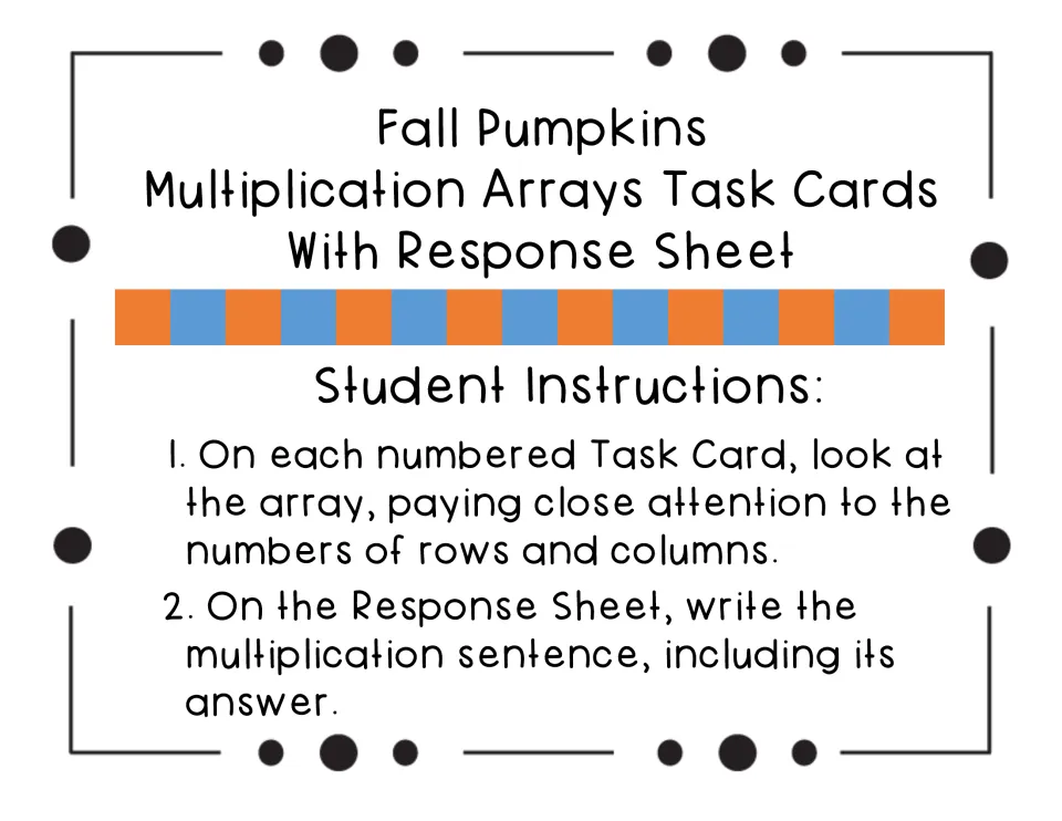Student instructions: count the rows and columns in each card's array, then write its multiplication sentence and answer