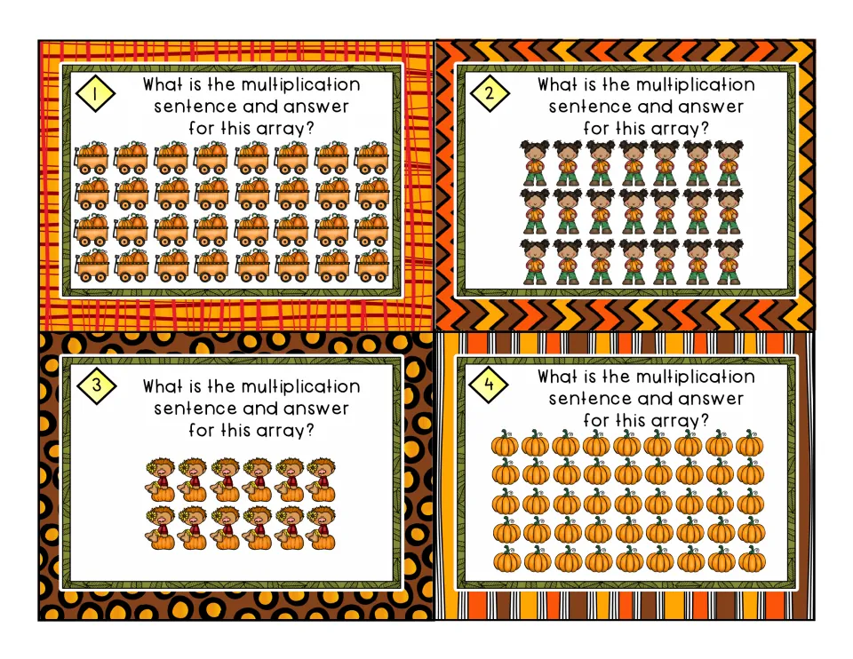 Array task cards 1-4: students write the multiplication sentence for rows of wagons, girls, scarecrows and pumpkins