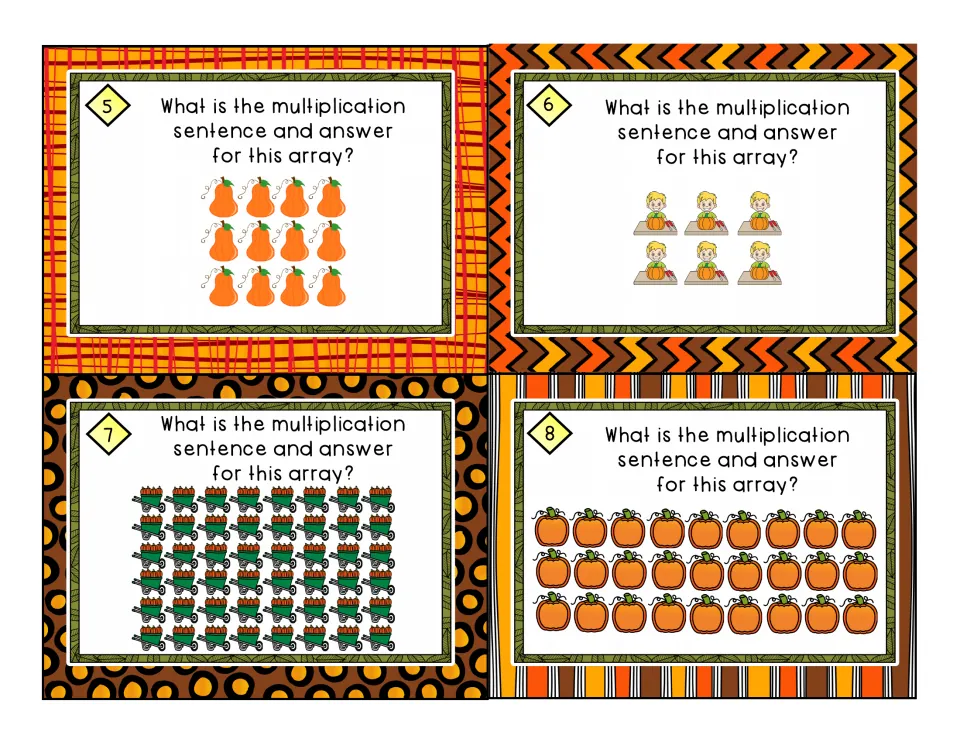 Array task cards 5-8: students find the multiplication fact shown by rows of gourds, children, wheelbarrows and pumpkins