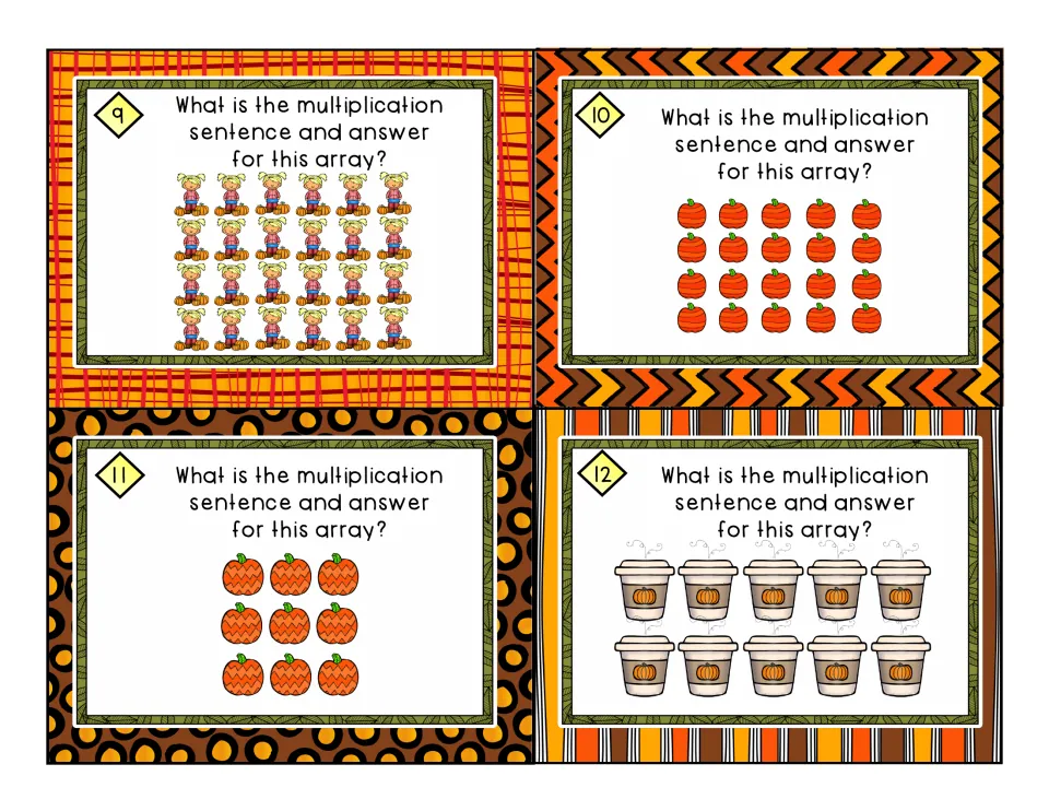 Array task cards 9-12: students multiply rows by columns of girls, red pumpkins, orange pumpkins and pumpkin cups