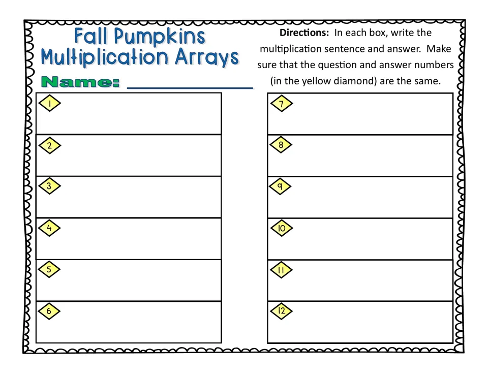 Response sheet: students write the multiplication sentence and answer for each of the 12 task cards, plus their name