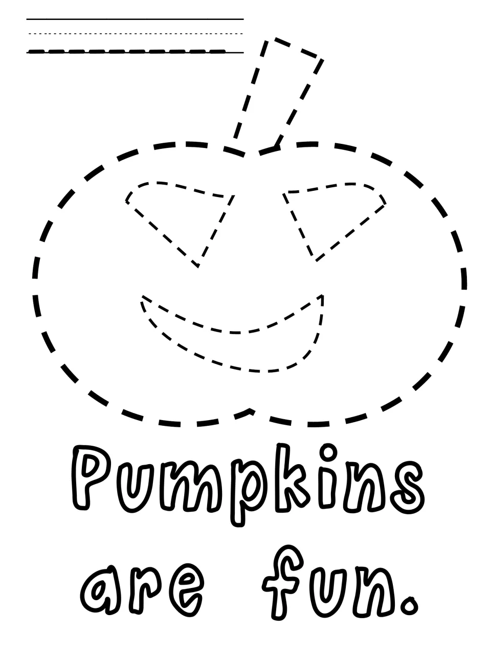 Pumpkin poke pin page: students push a pin along the dashed jack-o'-lantern outline and read 'Pumpkins are fun.'