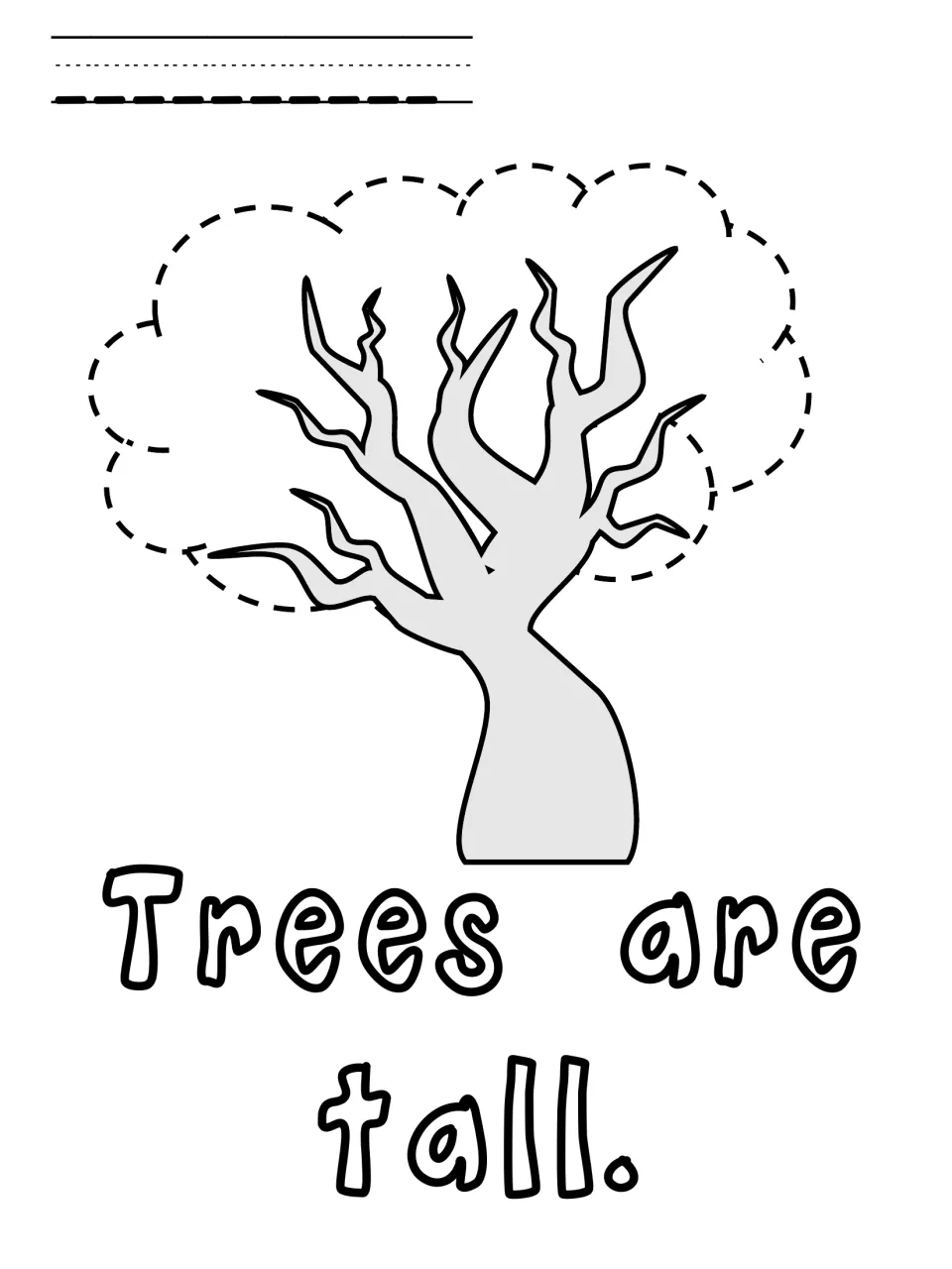 Tree poke pin page: students poke along the dashed leafy treetop above a bare trunk and read the sentence 'Trees are tall.'