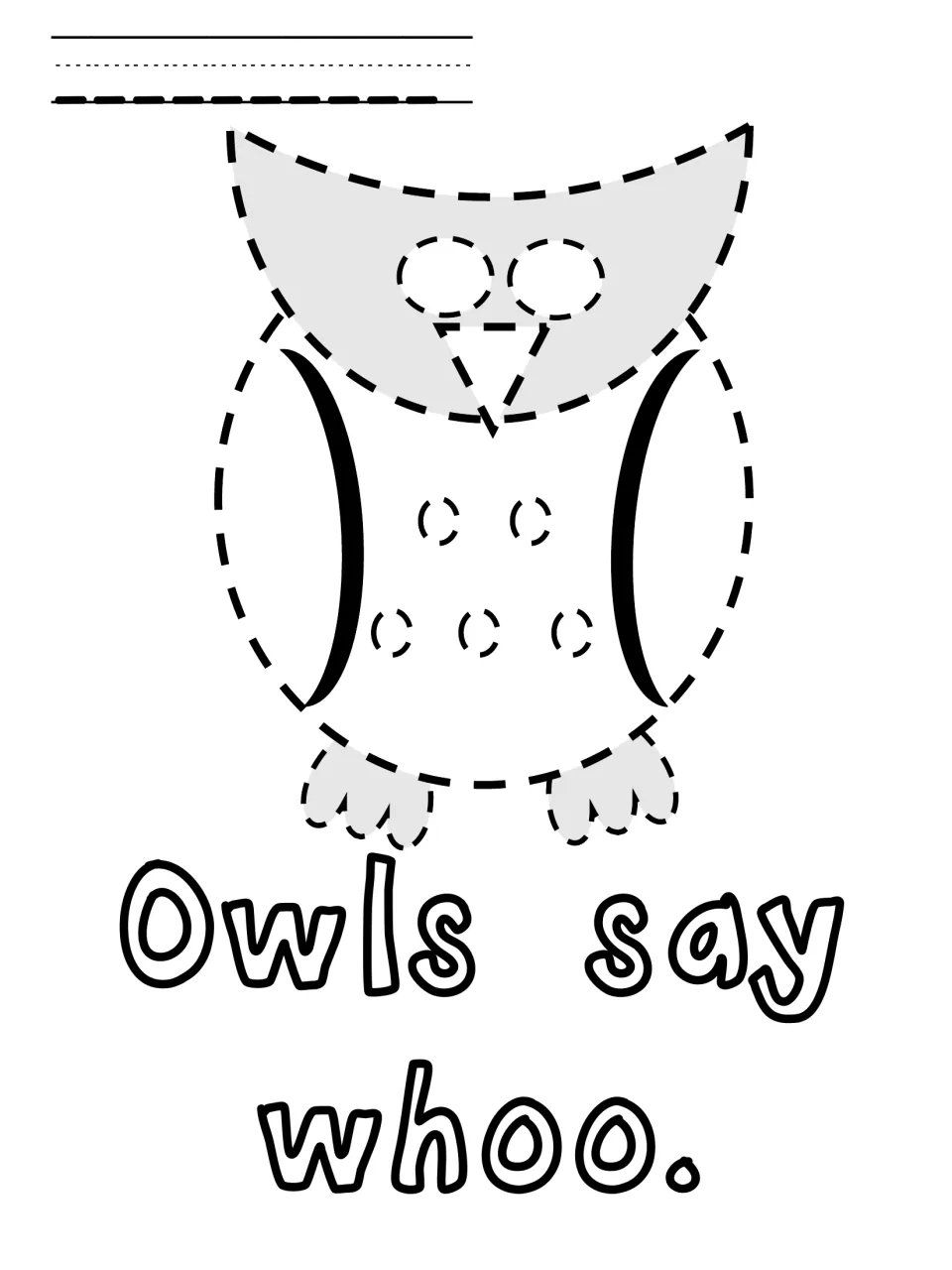 Owl poke pin page: students punch holes along the dashed owl body, eyes, beak and feet, then read 'Owls say whoo.'