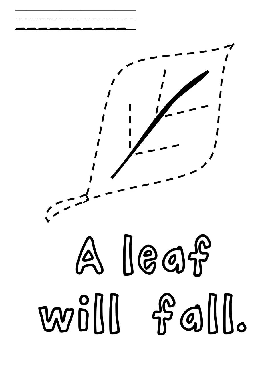 Leaf poke pin page: students poke along the dashed leaf outline and veins, then read the simple sentence 'A leaf will fall.'