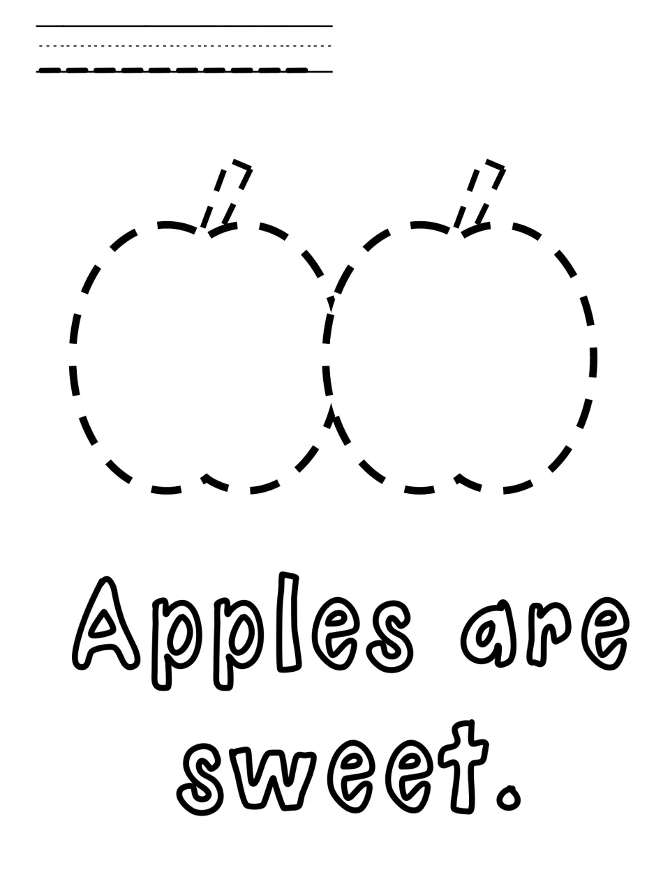 Apple poke pin page: students push a pin around two dashed apples with stems and read the sentence 'Apples are sweet.'