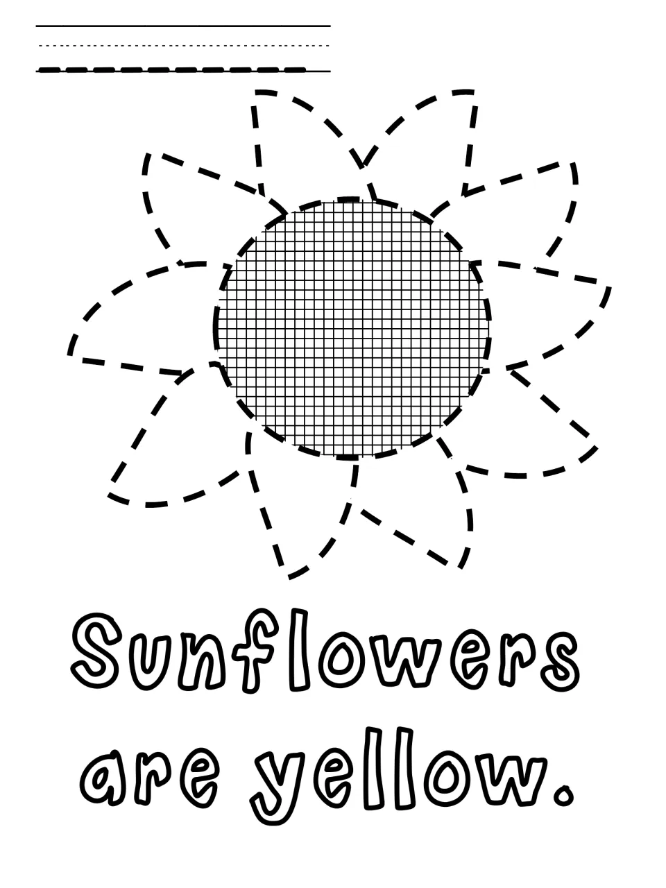Sunflower poke pin page: students poke around the dashed petals and shaded center, then read 'Sunflowers are yellow.'