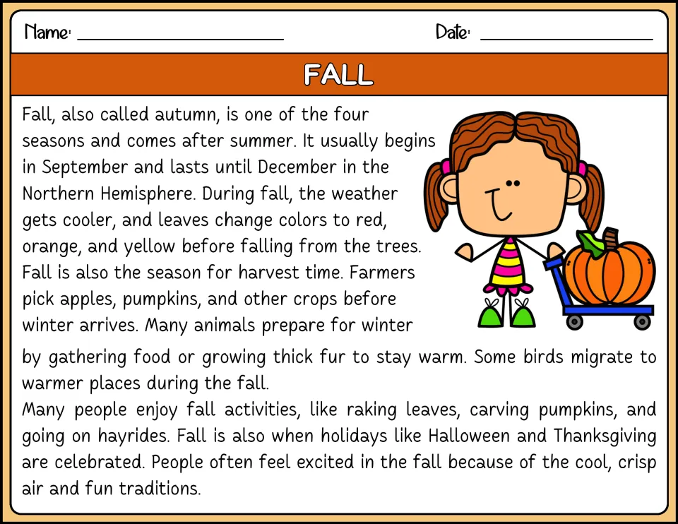 Color reading passage about fall: cooler weather, changing leaves, harvests, animal preparation, and holidays
