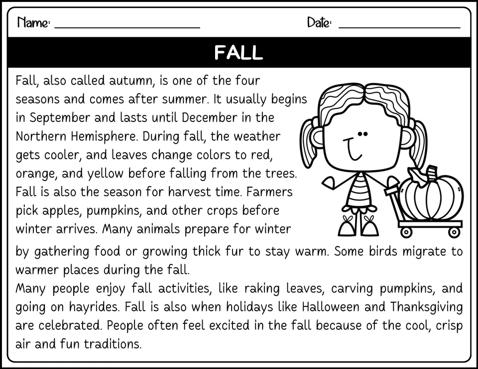 Black-and-white fall reading passage covering changing leaves, harvest time, migration, and fall traditions