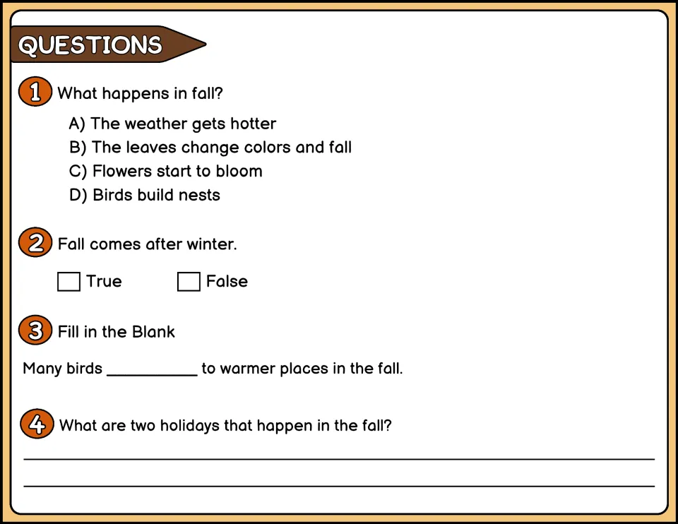 Color fall comprehension questions 1–4 ask about leaf changes, season order, bird migration, and holidays