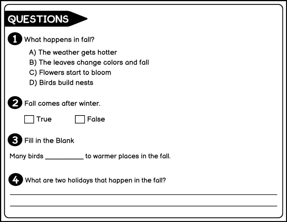 Black-and-white fall questions 1–4 check leaf changes, the preceding season, migrating birds, and holidays