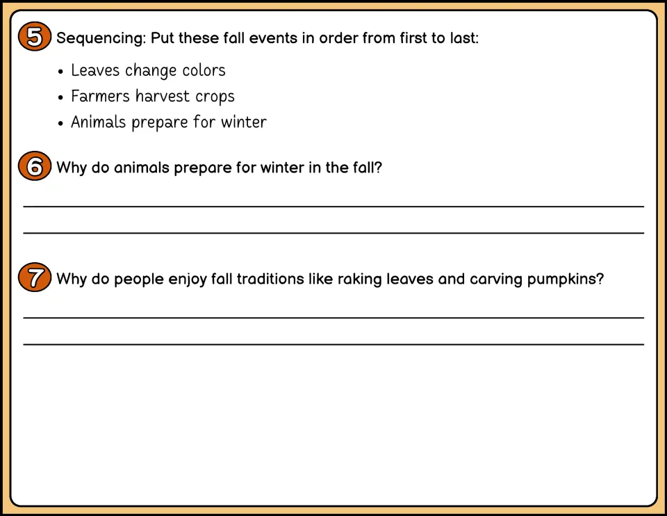 Color fall questions 5–7 cover sequencing seasonal events, animals preparing for winter, and fall traditions