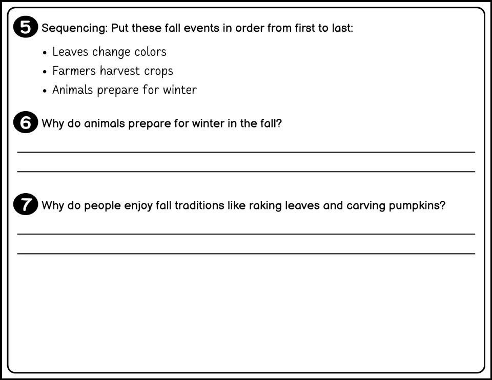 Black-and-white fall questions 5–7 ask for event sequencing and reasons for winter preparation and traditions