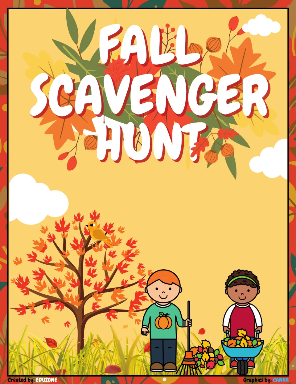 Fall Scavenger Hunt cover by Eduzone: an autumn tree, one child raking leaves and another pushing a wheelbarrow of leaves