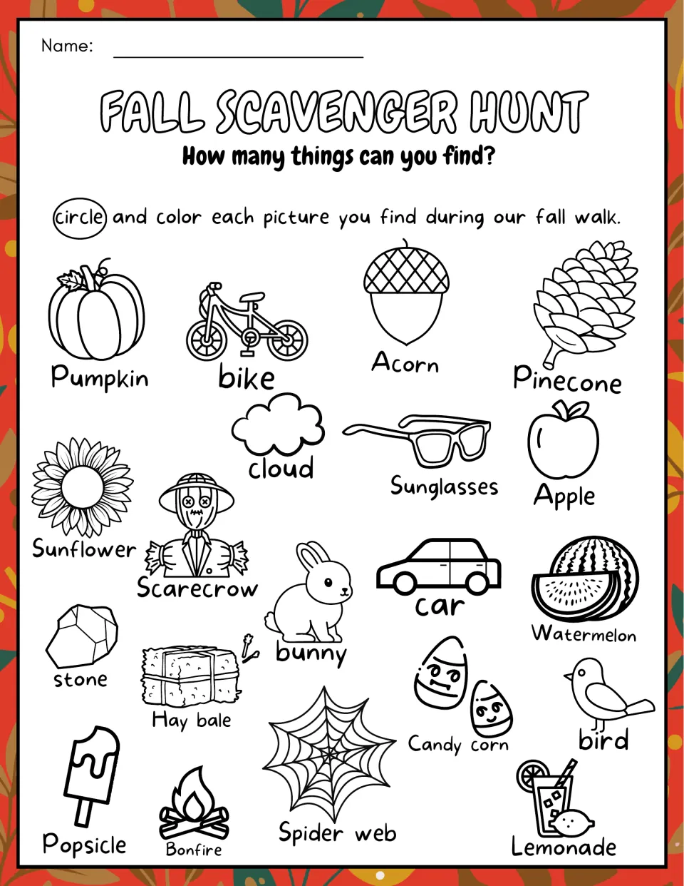Picture hunt: students circle and color each item they find on a fall walk, such as a pumpkin, acorn, pinecone or bird