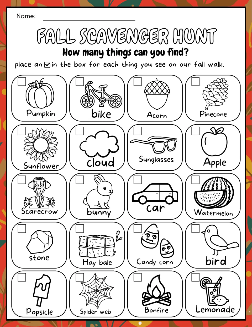 Checklist hunt: students check off each of 20 labeled pictures they spot, like a hay bale, spider web and bonfire