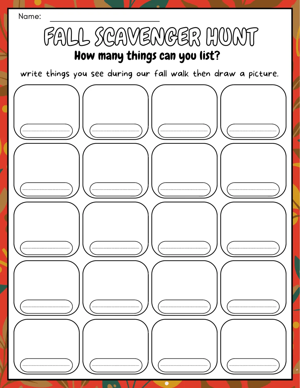 Draw-and-label hunt: students write 20 things they see on the fall walk and draw a picture of each one above its label