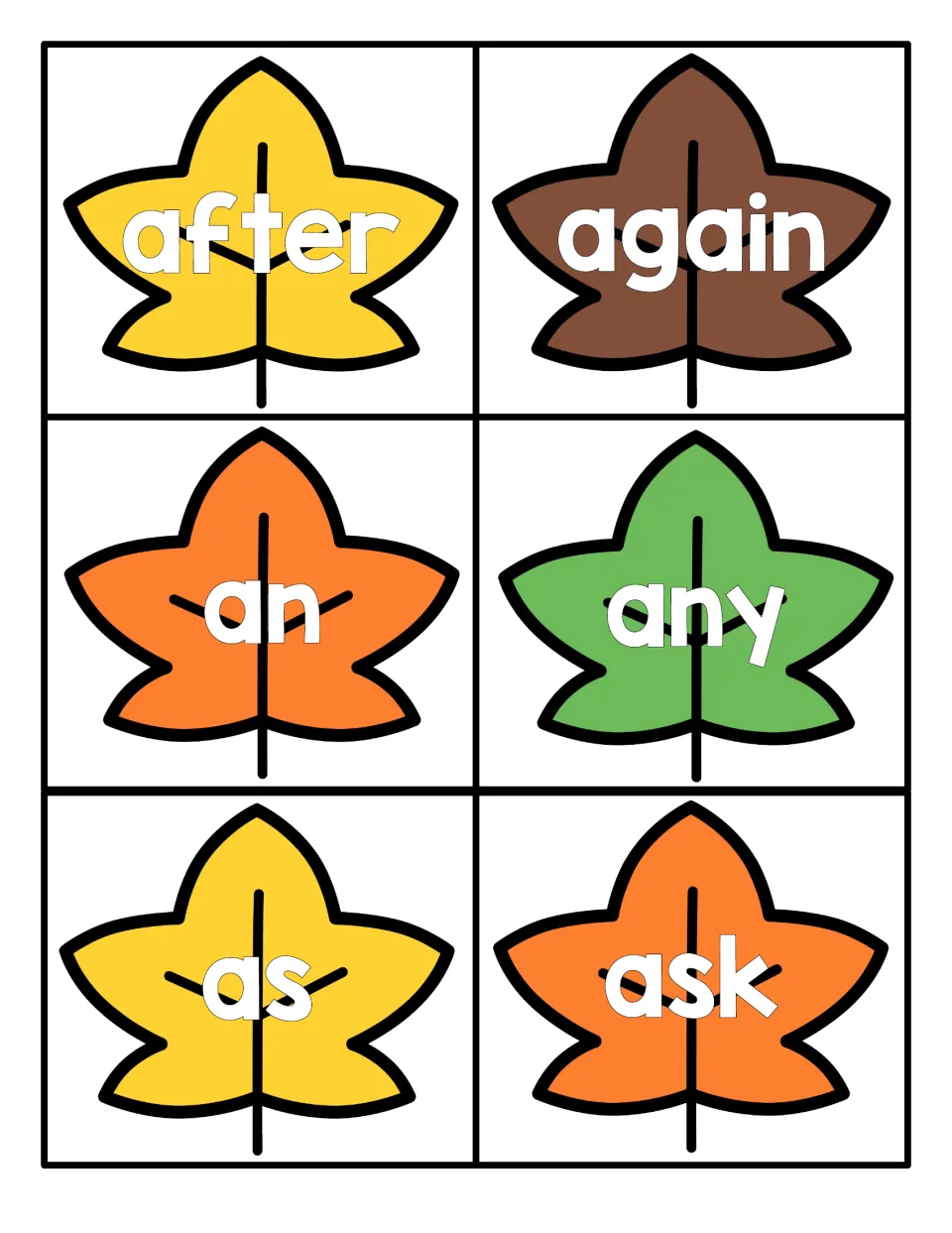 Sight word reading: six fall leaf cards printed with after, again, an, any, as and ask for students to read on sight
