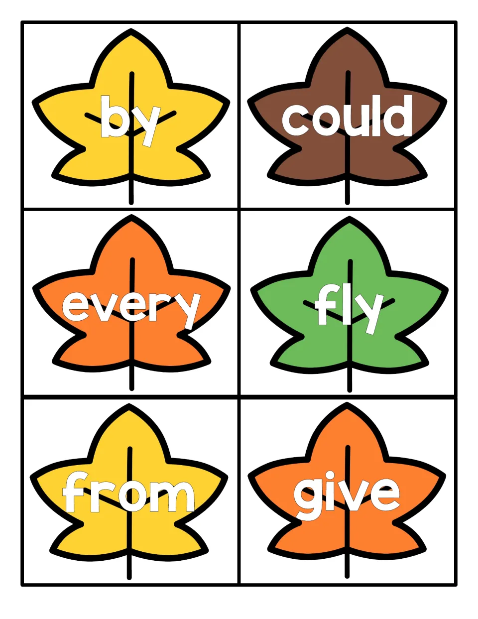 Sight word reading: leaf flashcards for by, could, every, fly, from and give that students read aloud and practise