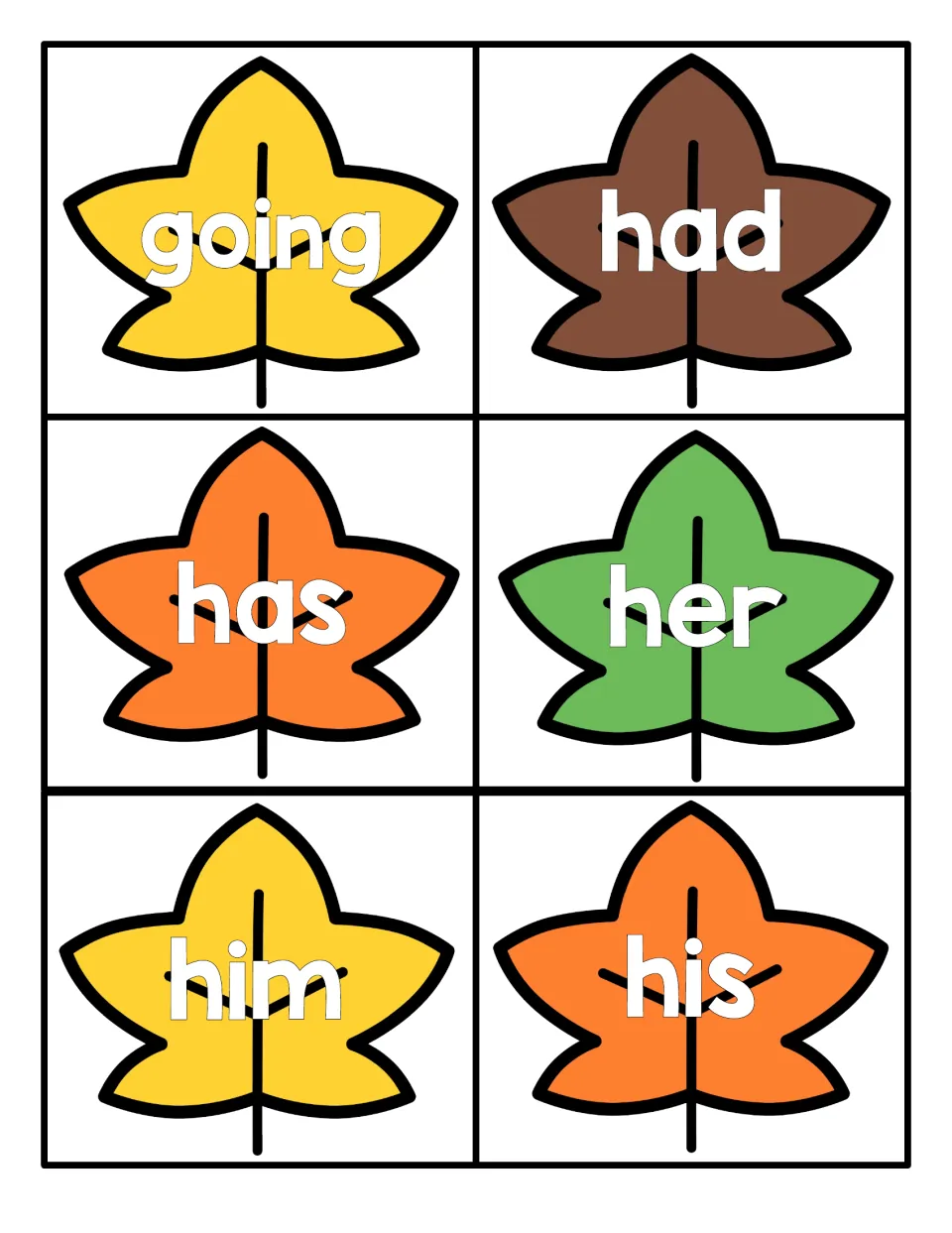 Sight word recognition: leaf cards showing going, had, has, her, him and his for students to read by sight