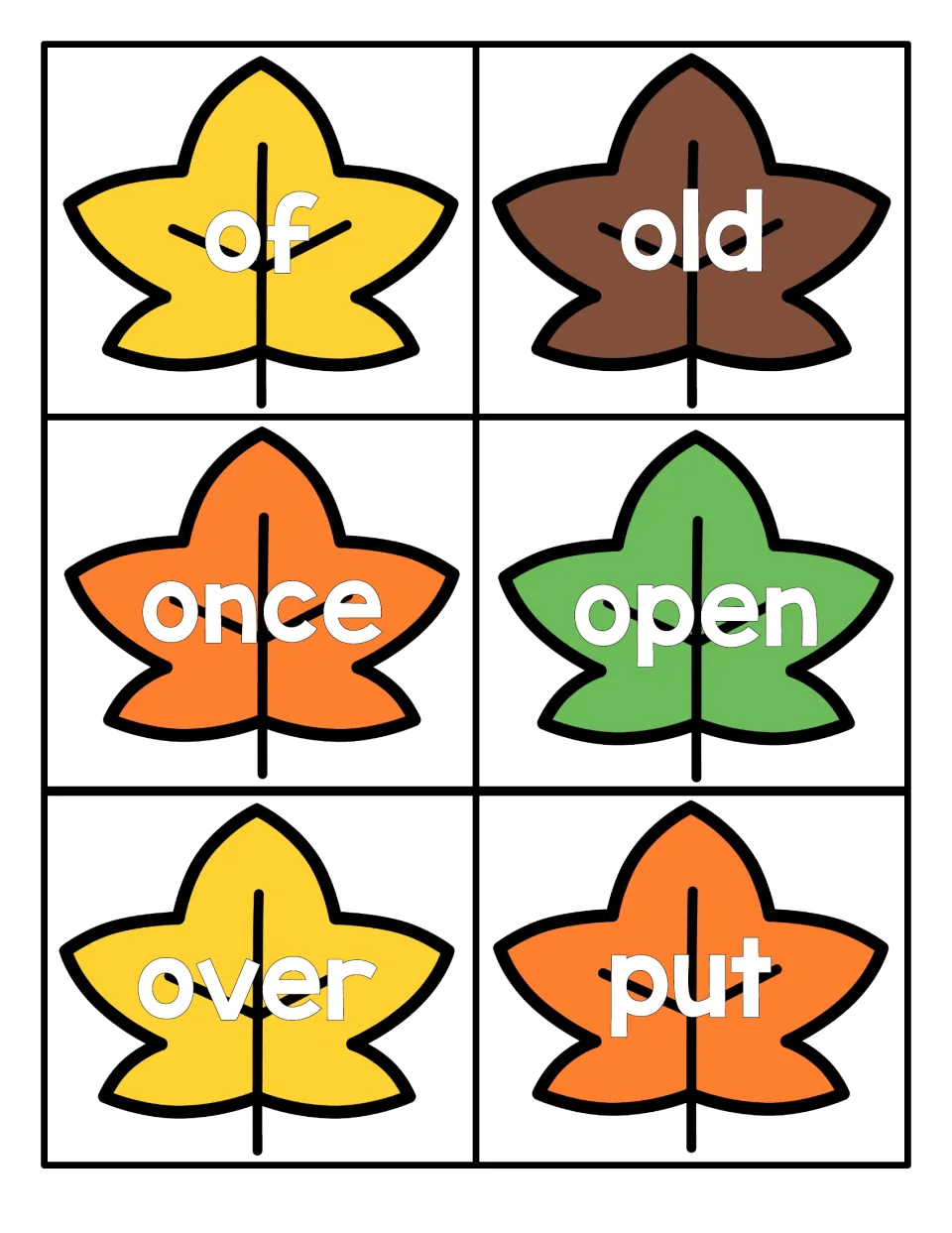 Sight word review: colored leaf cards for of, old, once, open, over and put that students read during word practice
