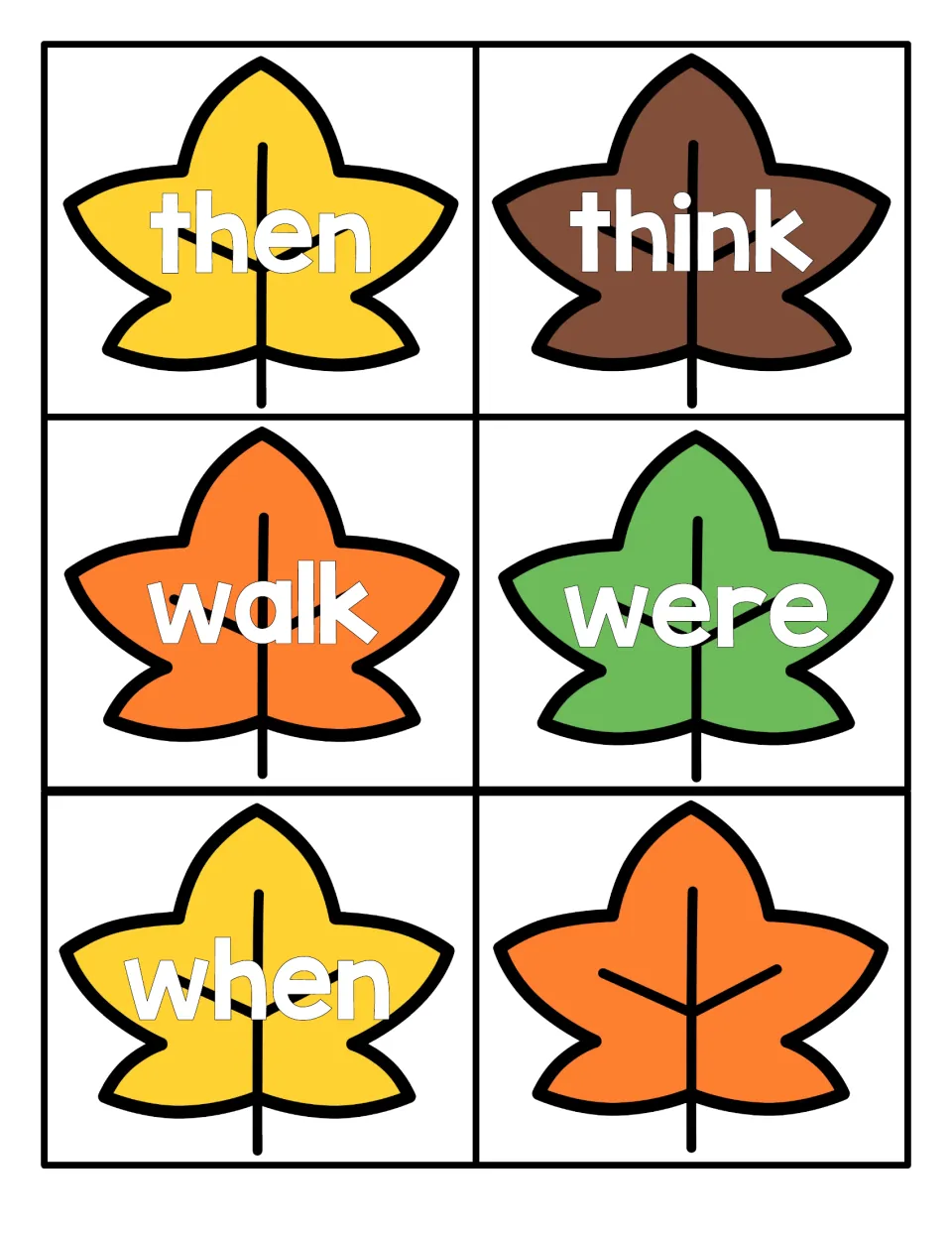 Sight word reading: leaf cards for then, think, walk, were and when, plus one blank orange leaf