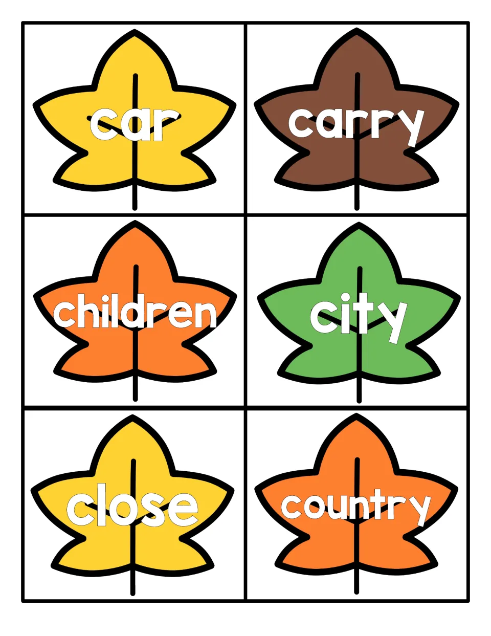 Autumn leaf flashcards for word recognition: car, carry, children, city, close and country, one sight word per leaf