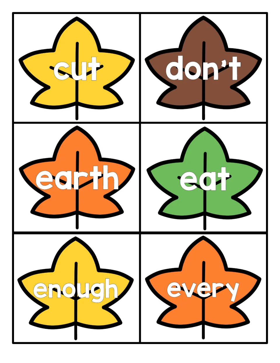 Leaf sight word cards to read aloud: cut, don't, earth, eat, enough and every, including one contraction