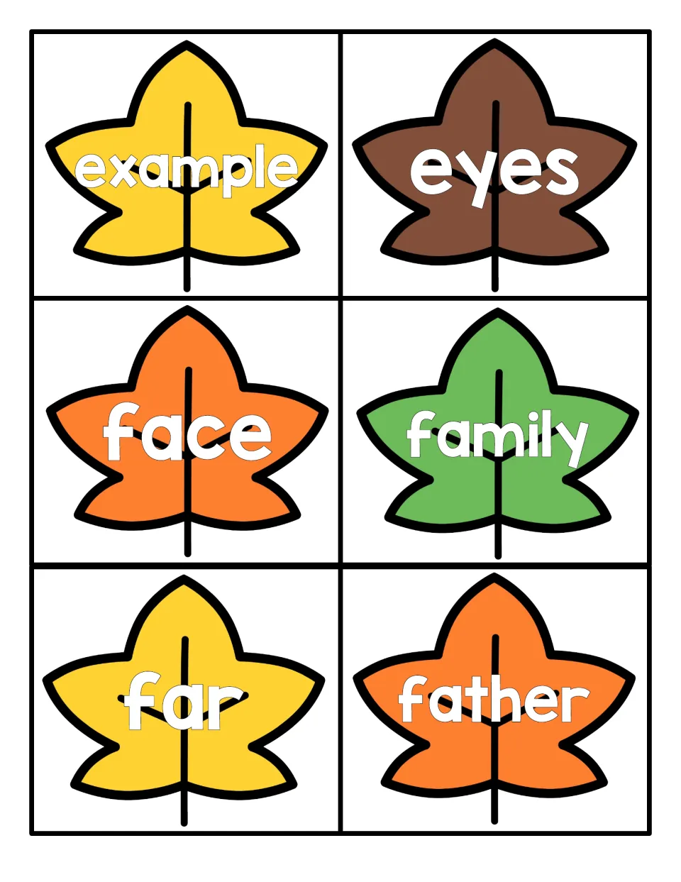 Fall leaf sight word cards: students read example, eyes, face, family, far and father, each printed on a colored leaf