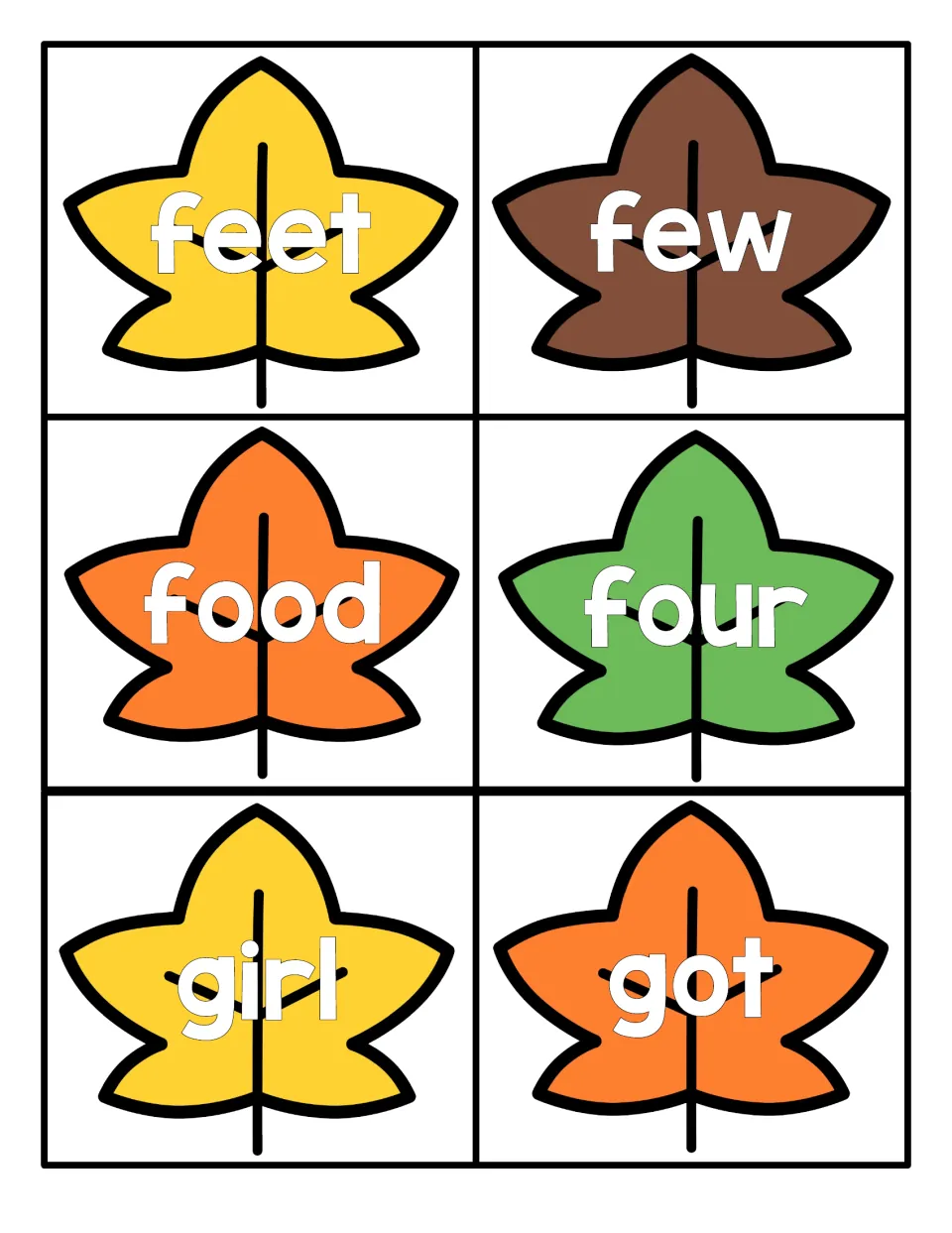 Sight word recognition on autumn leaves: feet, few, food, four, girl and got as flashcards for students to read
