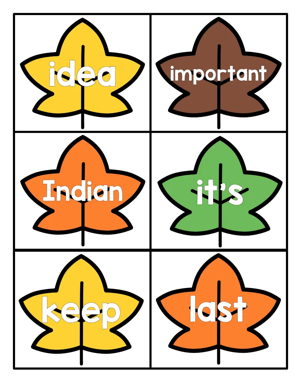 Fall sight word leaves for students to read: idea, important, Indian, it's, keep and last, each word on its own card