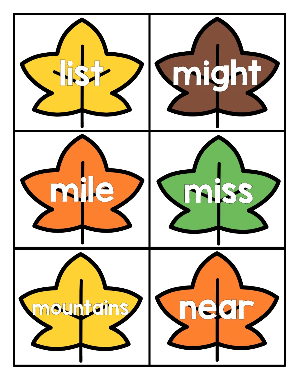 Leaf word cards for sight word reading: list, might, mile, miss, mountains and near printed in white on colored leaves