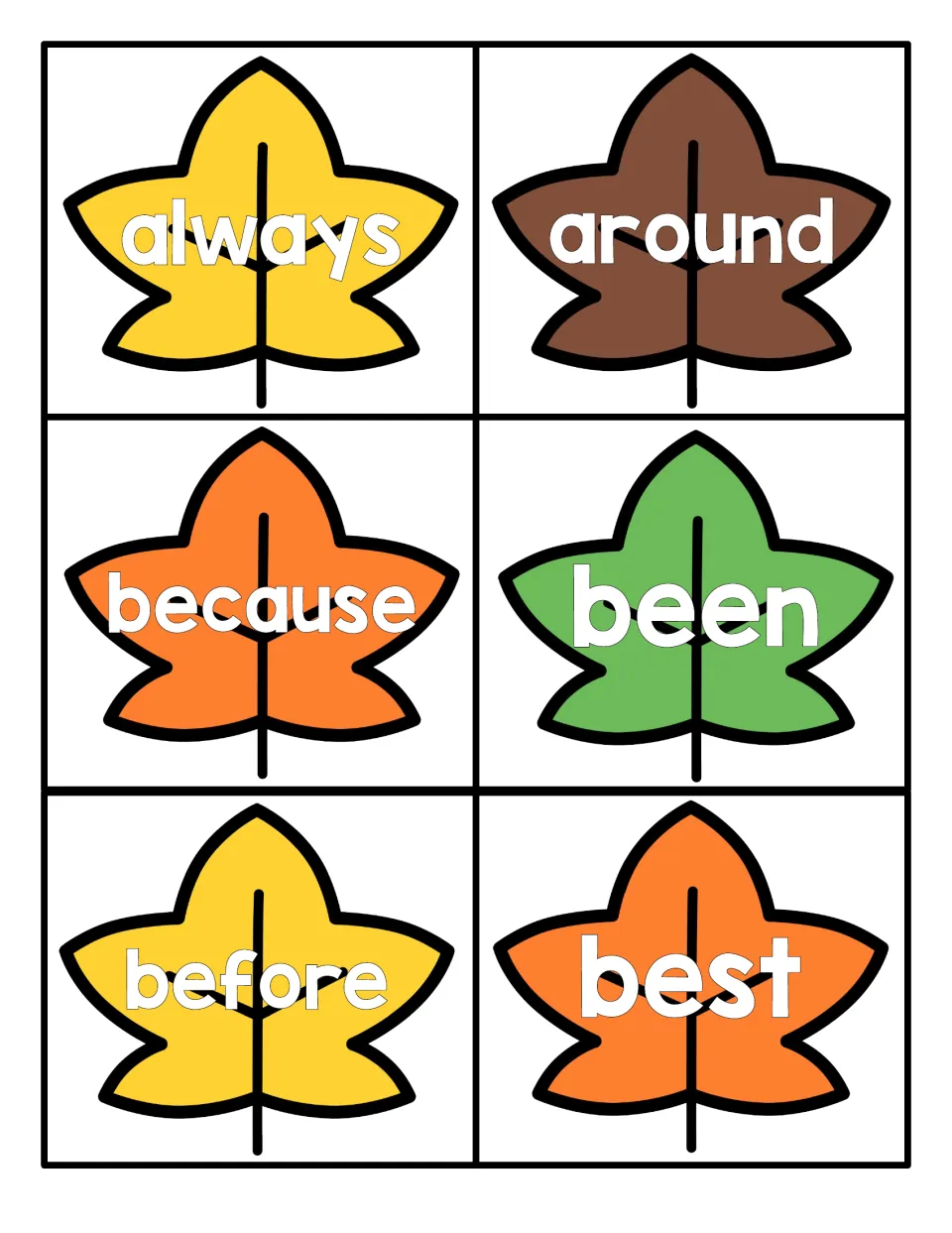 Fall leaf sight word cards to cut apart and read: always, around, because, been, before and best on colored leaves