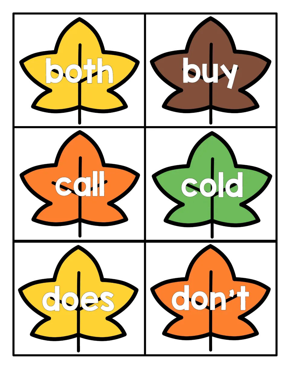 Leaf flashcards for reading high-frequency words both, buy, call, cold, does and don't, one word on each autumn leaf