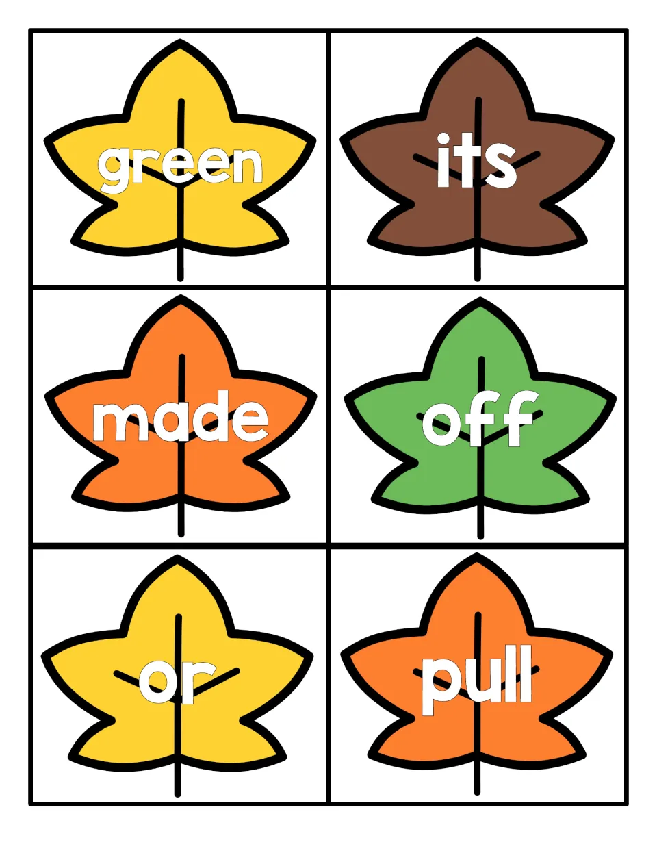 Sight word leaves to read: green, its, made, off, or and pull, each on a yellow, brown, orange or green fall leaf